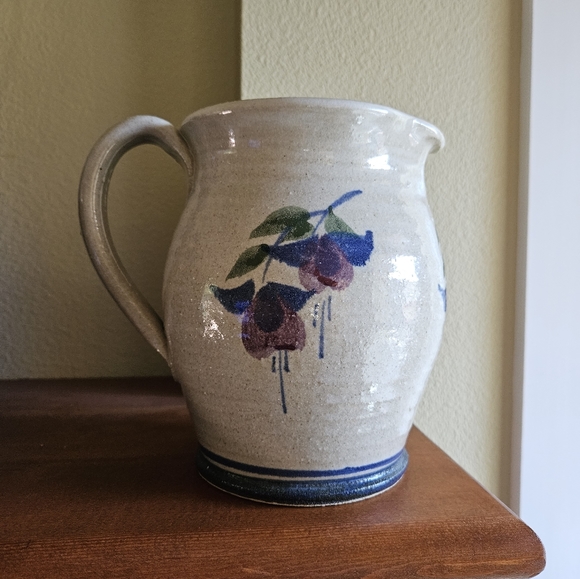 Handmade salt glaze pitcher with hand painted fushia floral. - Picture 2 of 3